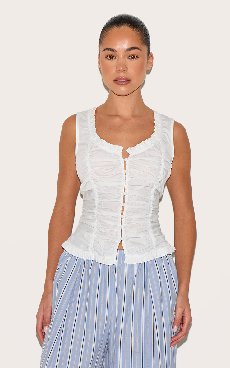White Cotton Ruched Front Fitted Top