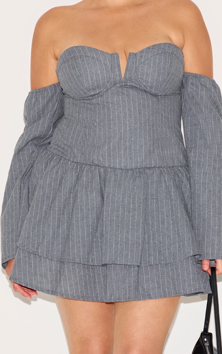 Plus Light Grey Cup Detail Pinstripe Bardot Shift Dress