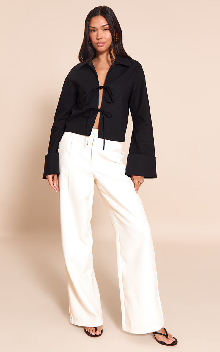 Linen Look Tie Front Structured Shirt