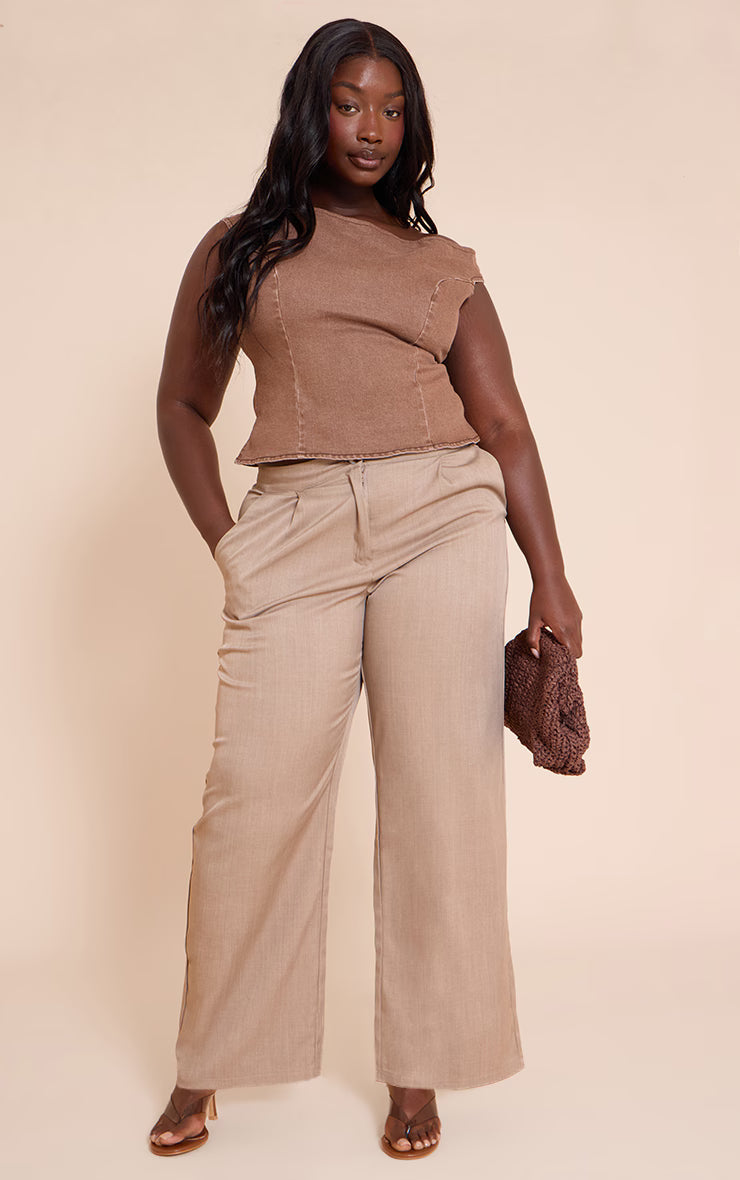 Plus Brown Off The Shoulder Stretch Denim Top