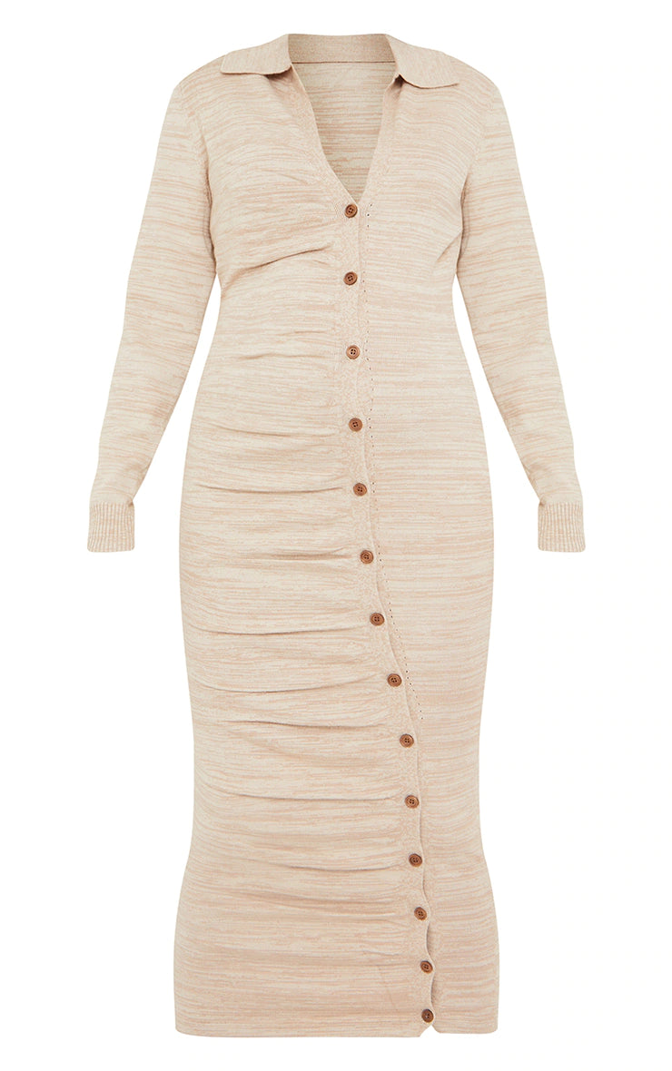 Maternity Stone Knitted Asymmetric Buttons Ruched Bump Midi Dress