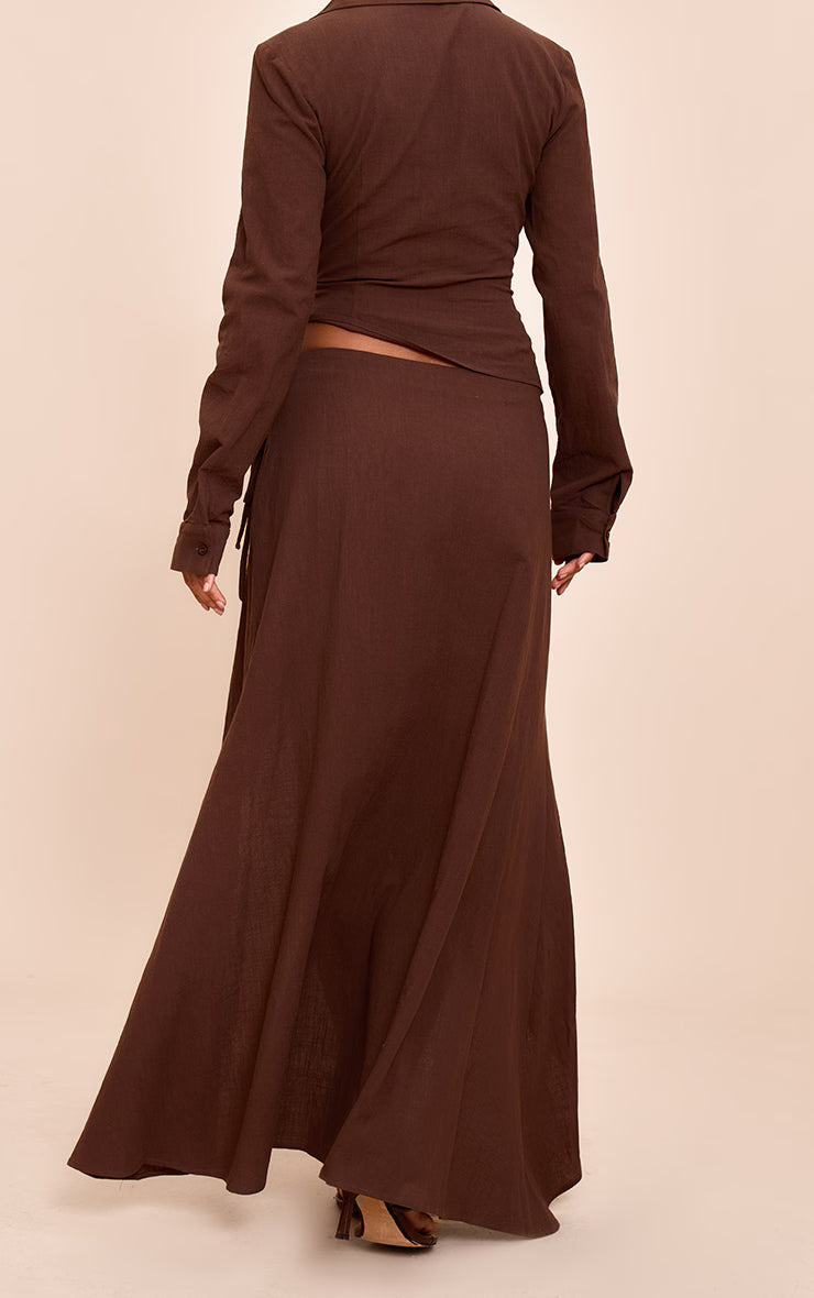 Dark Brown Linen Look Split Tie Midi Skirt