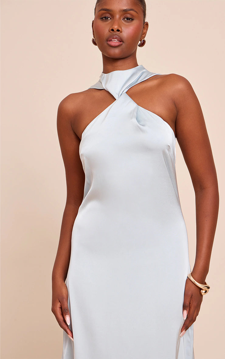 Baby Blue Satin Twist Front Maxi Dress