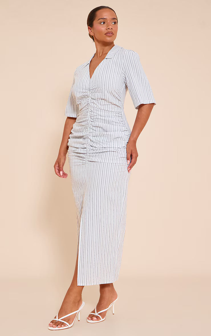 Shape white Striped Ruched Front Collared Split Front Maxi Dress