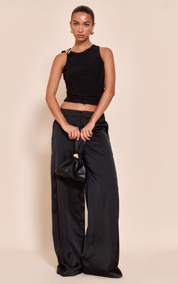 Black Double Layer Slinky Trim Detail Long Vest Top