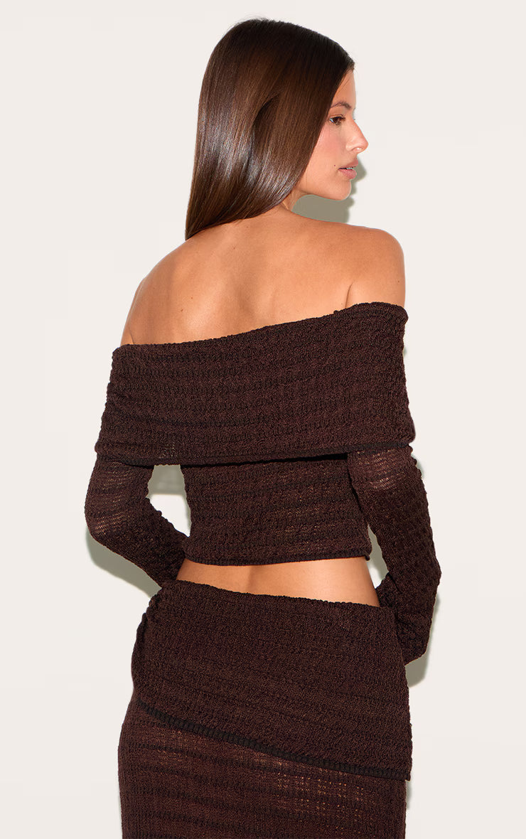 Chocolate Bardot Textured Knit Top