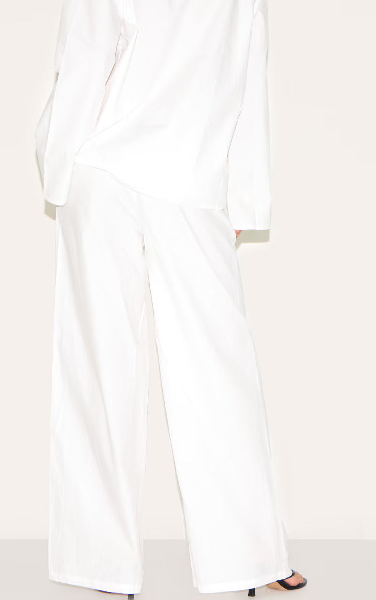 White Cotton Poplin Mid Rise Wide Leg Pants