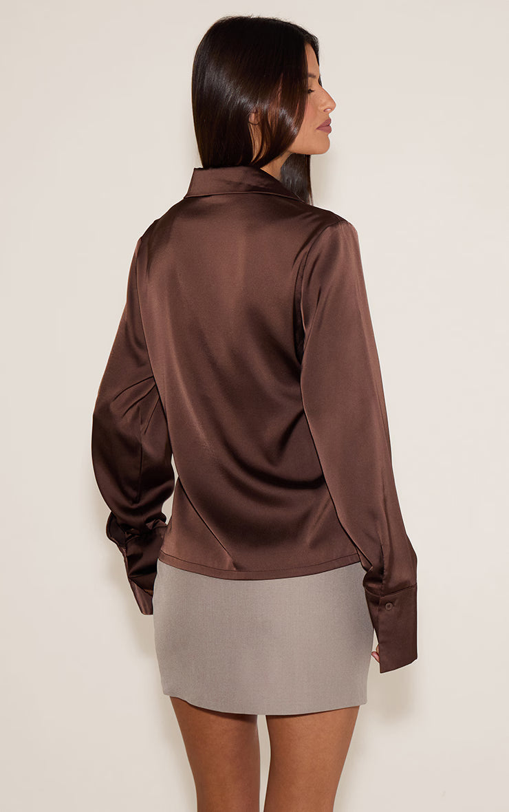 Chocolate Satin Tie Waist Detail Slouchy Shirt