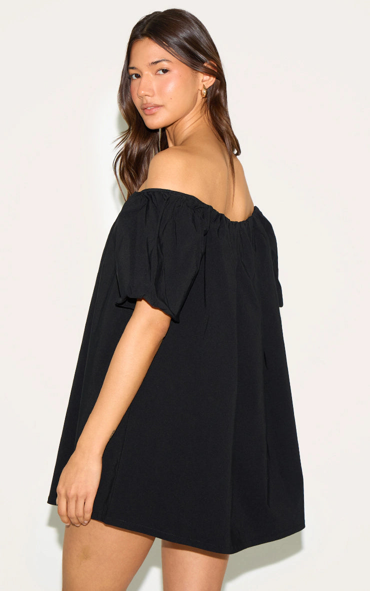 Black Bardot Puff Sleeve Shift Dress