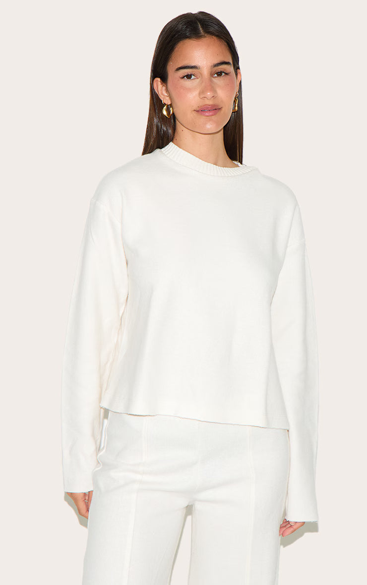 Cream Soft Ribbed Straight Leg Pants