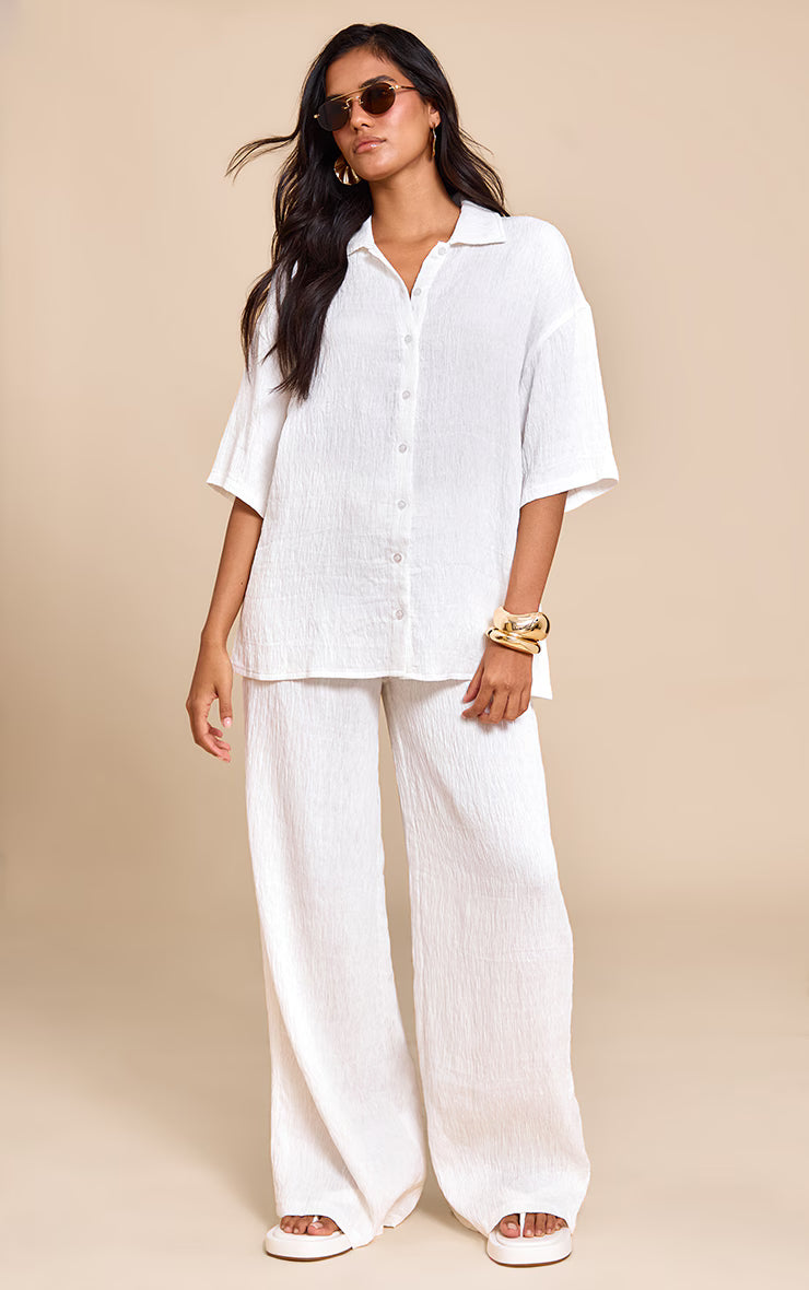 White Textured Woven Oversized Short Sleeve Shirt
