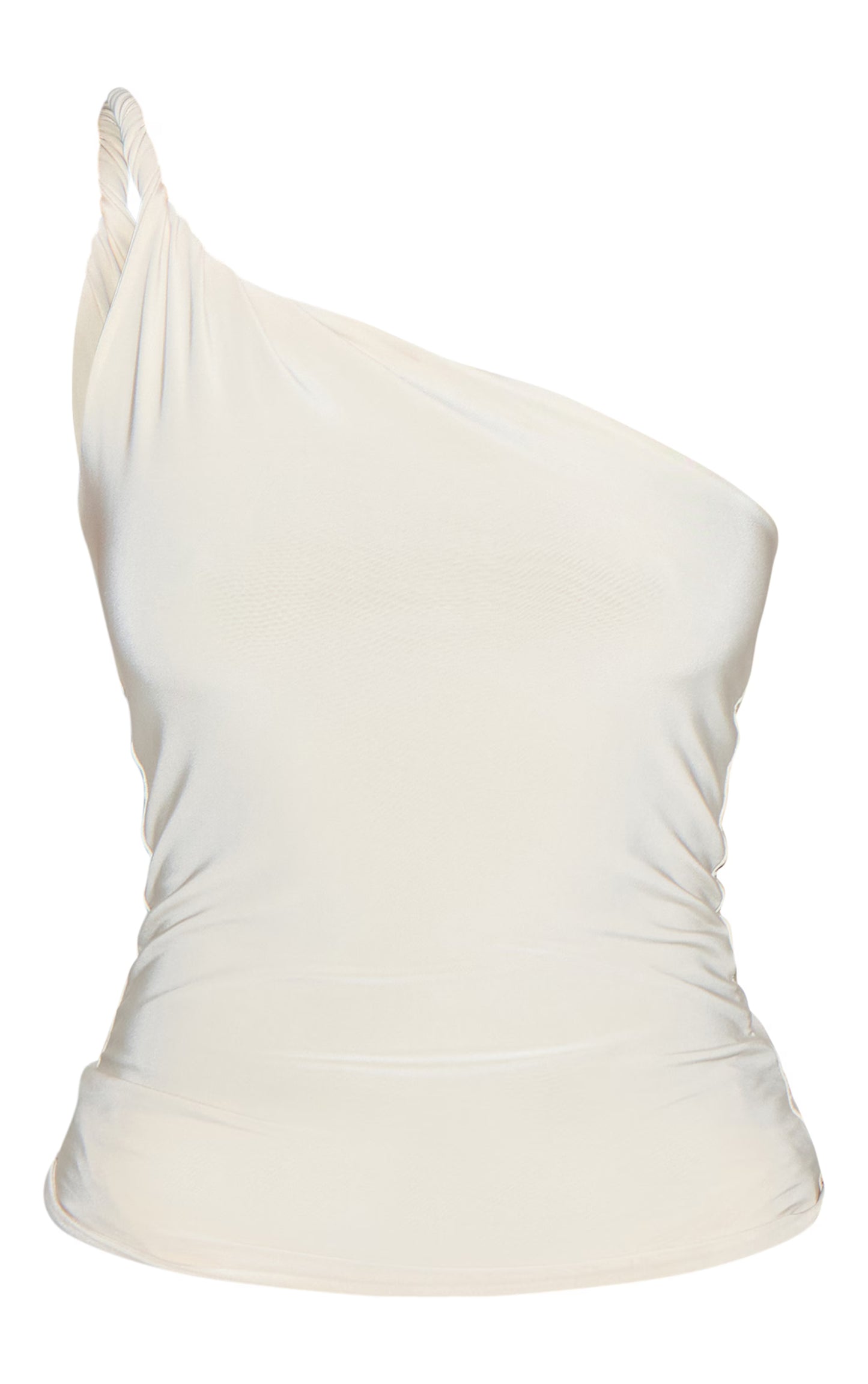 Almond Double Layer Slinky Twist Detail One Shoulder Long Top