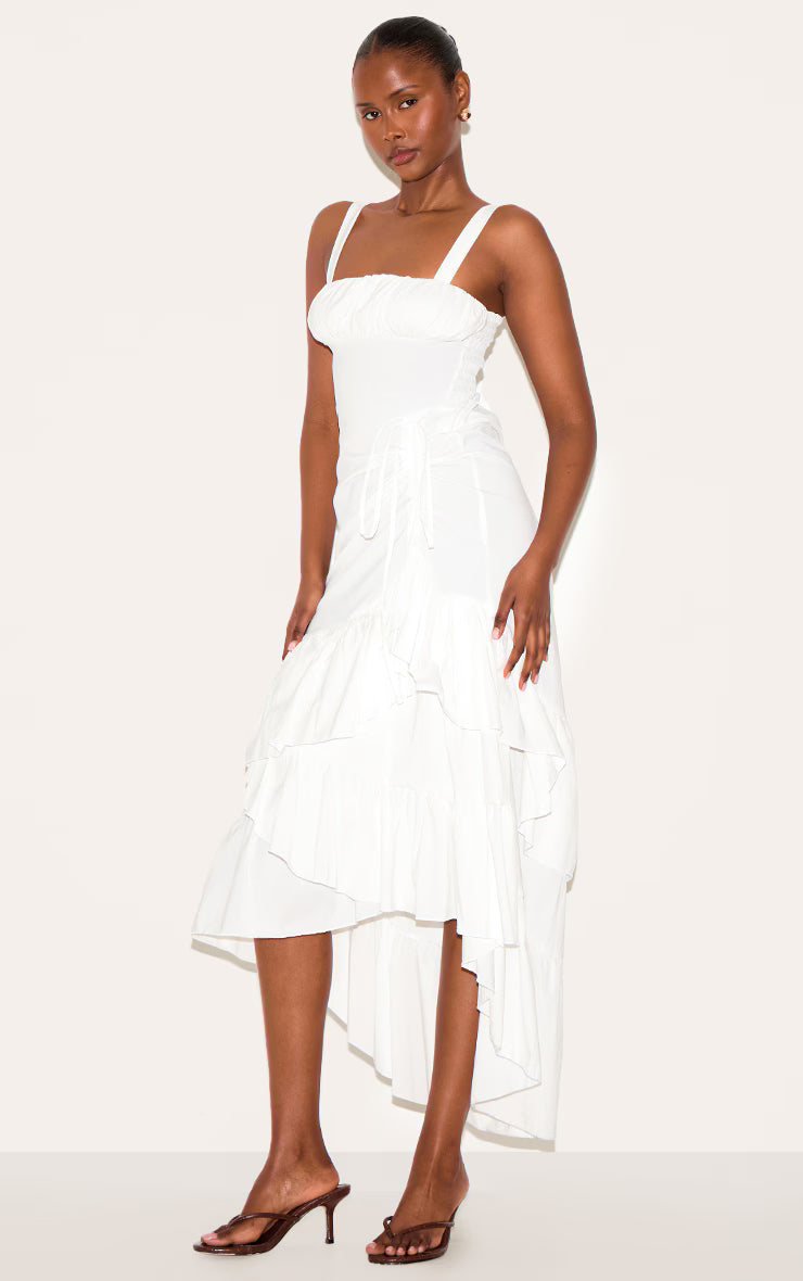 White Strappy Ruched Detail Maxi Dress