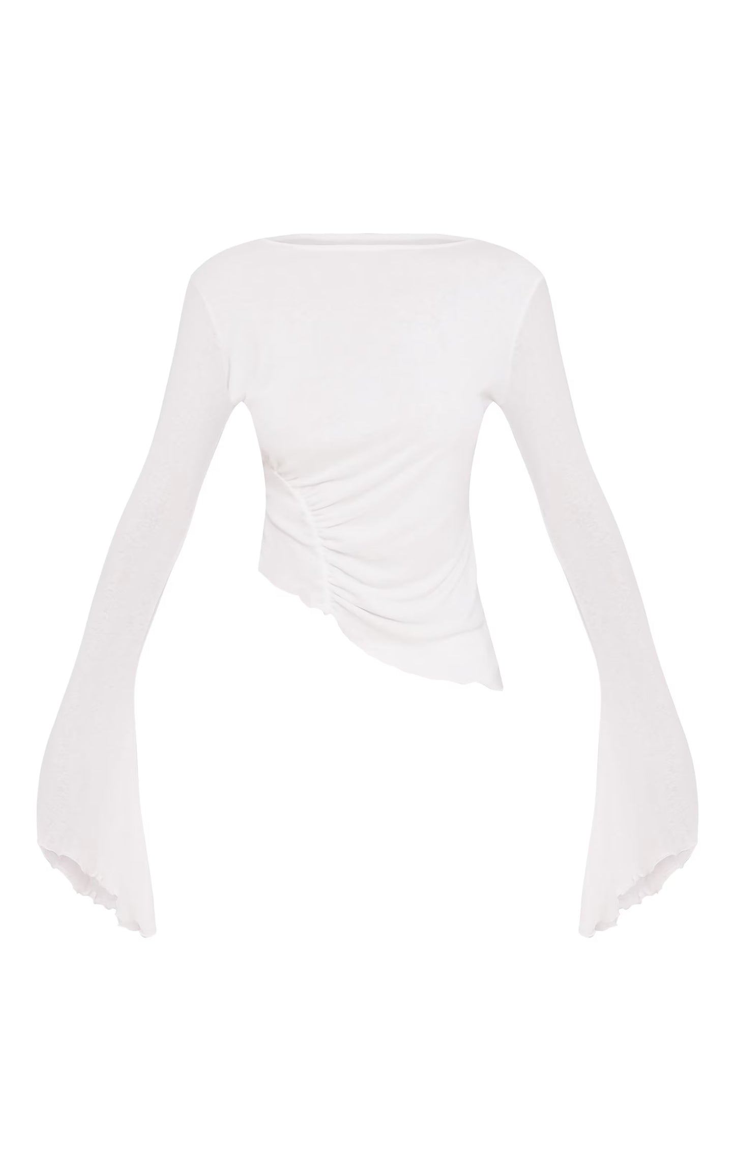 White Burnout Mesh Ruched Front Flared Sleeve Long Top