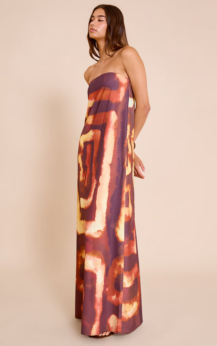 Deep Orange Tie Dye Print Floaty Woven Bandeau Maxi Dress