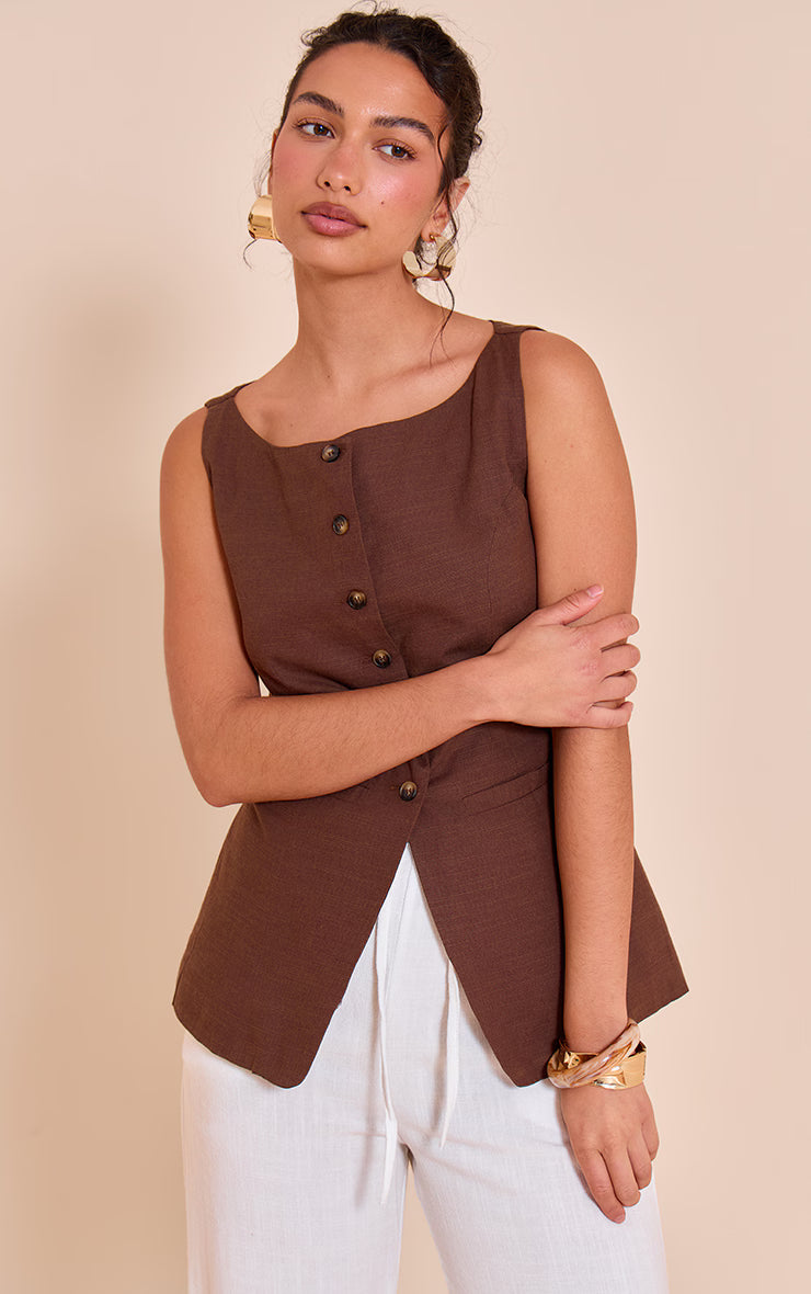 Chocolate Square Neck Linen Look Longline Vest