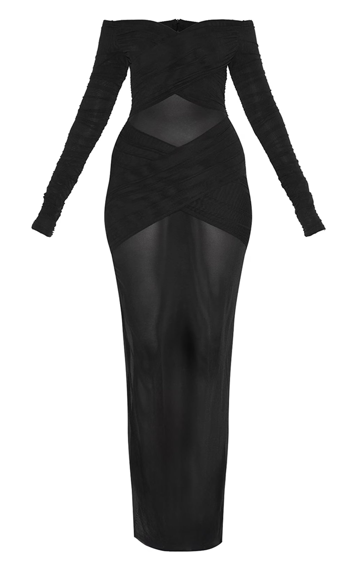 Black Bandage Mesh Bardot Layered Ruched Maxi Dress