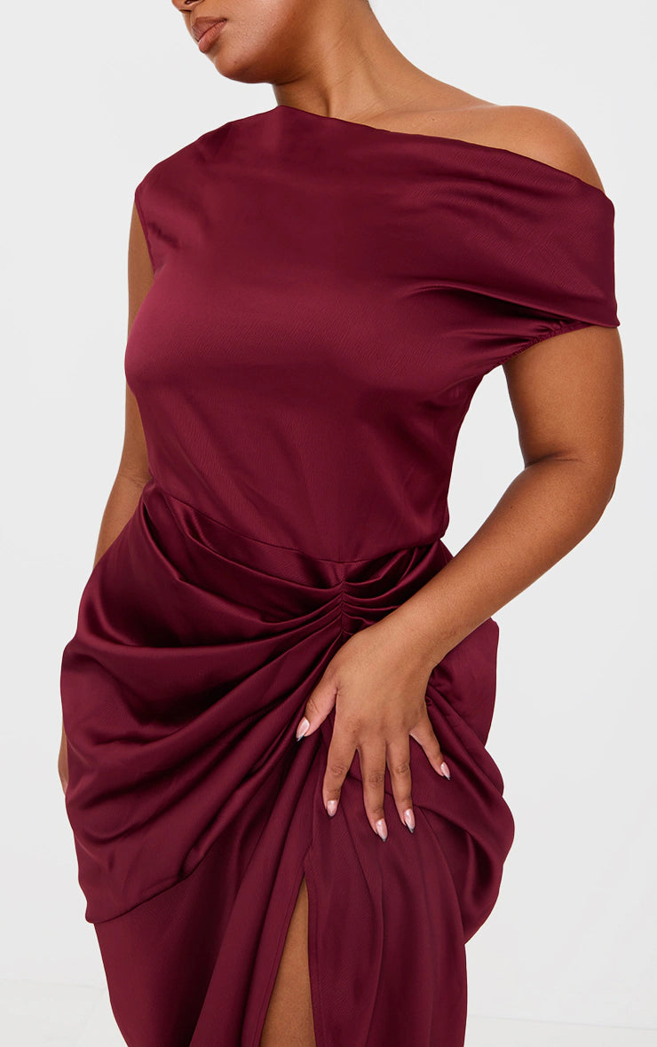 Plus Burgundy Satin Off The Shoulder Draped Skirt Midi Dress