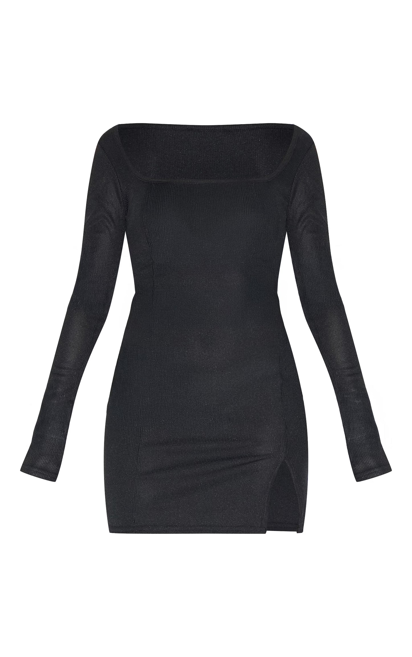 Petite Black Ribbed Long Sleeve Split Dress