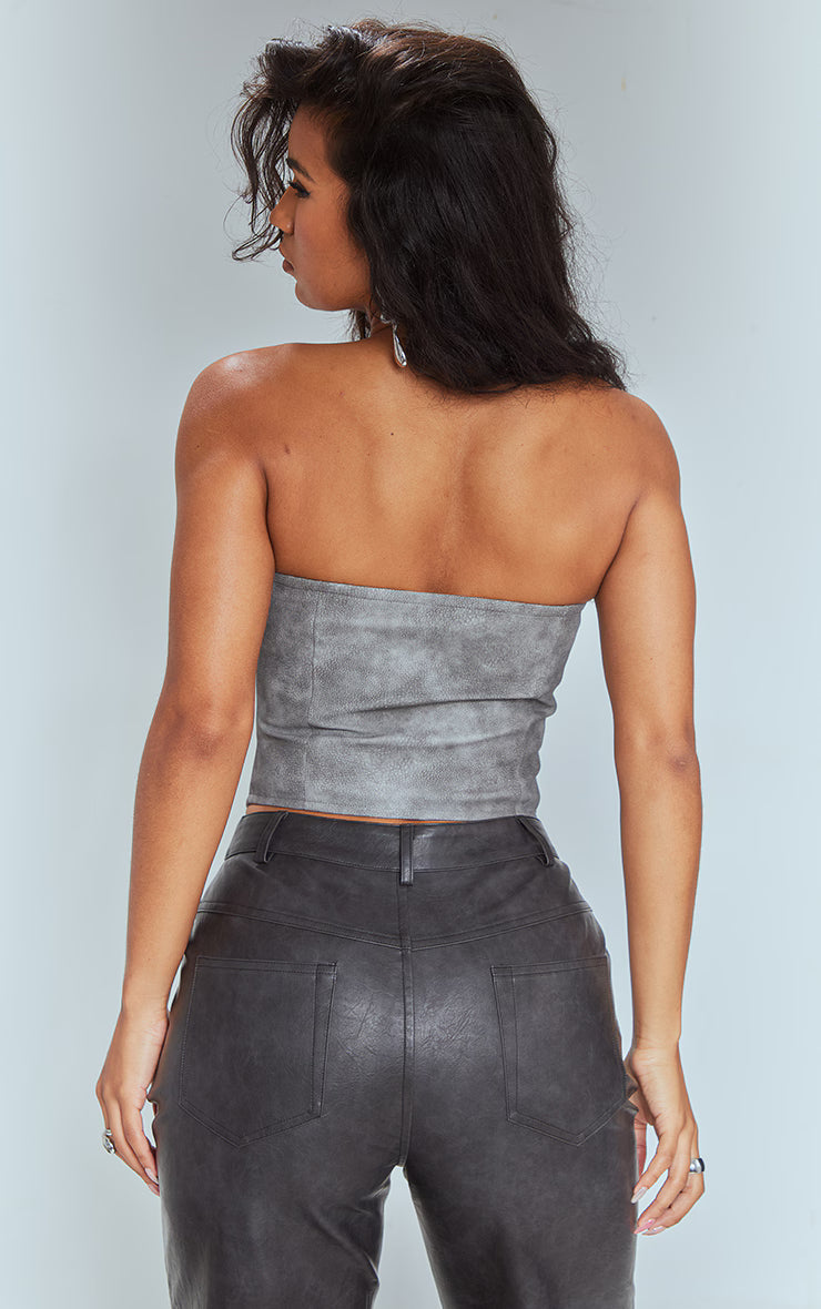 Charcoal Washed Faux Leather Hook And Eye Structured Corset
