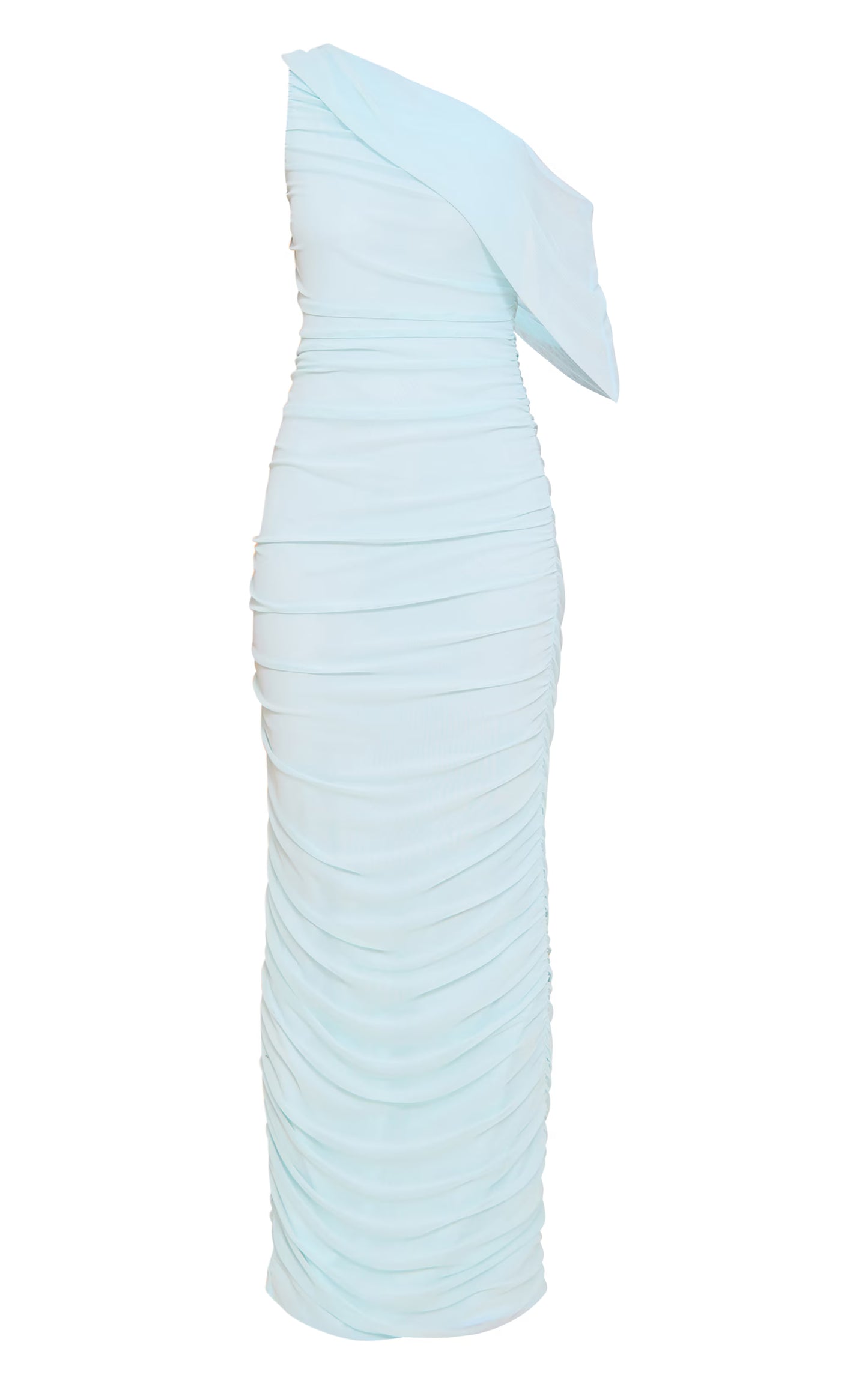 Aqua Blue Mesh Overlay One Shoulder Ruched Maxi Dress