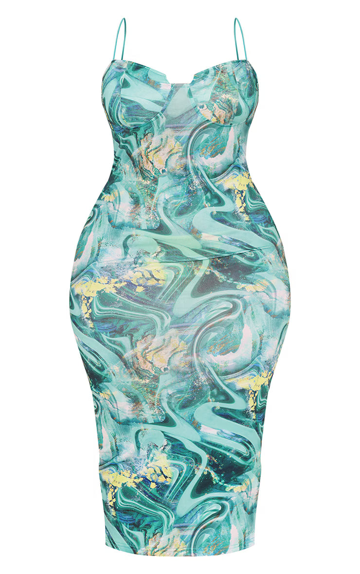 Plus Green Swirl Crinkle Rib Cup Detail Midi Dress