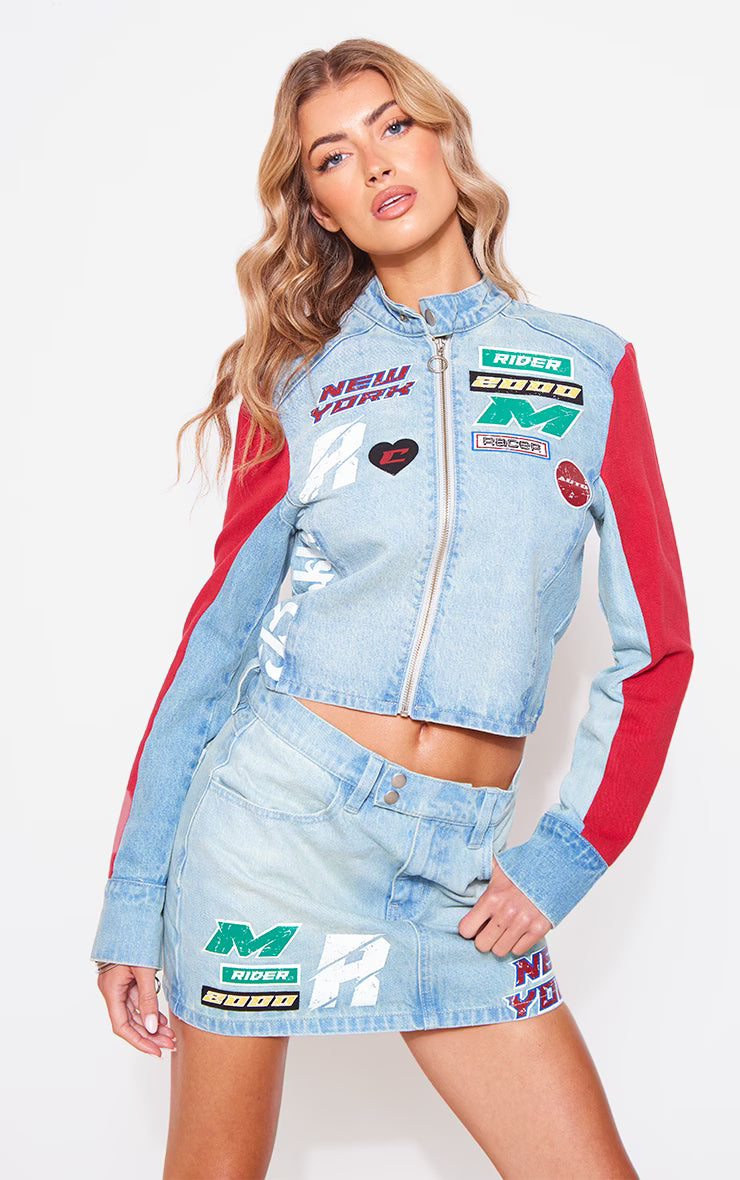 Light Blue Wash Racer Graphic Denim Mini Skirt