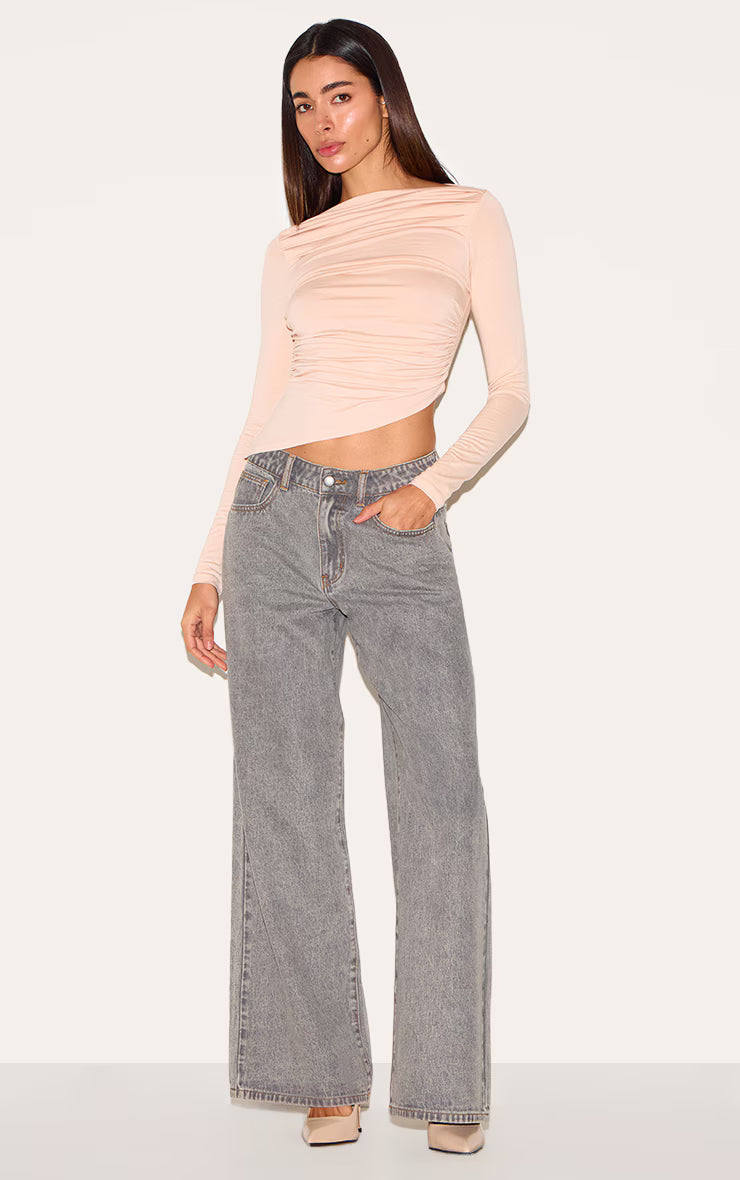 Cream Ruched Detail Asymmetric Hem Long Sleeve Top