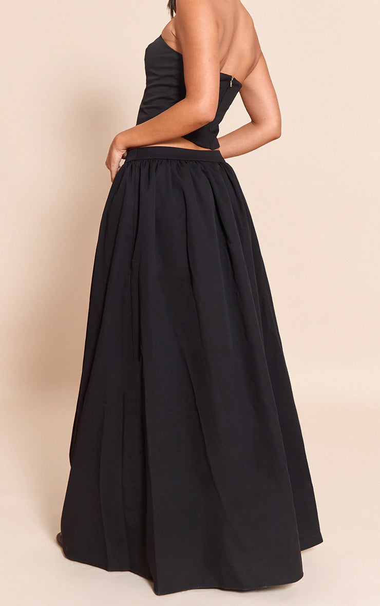 Black Woven Band Detail Pleated Maxi Skirt