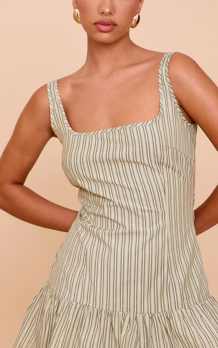Sage Green Striped Sleeveless Straight Neck Shift Dress