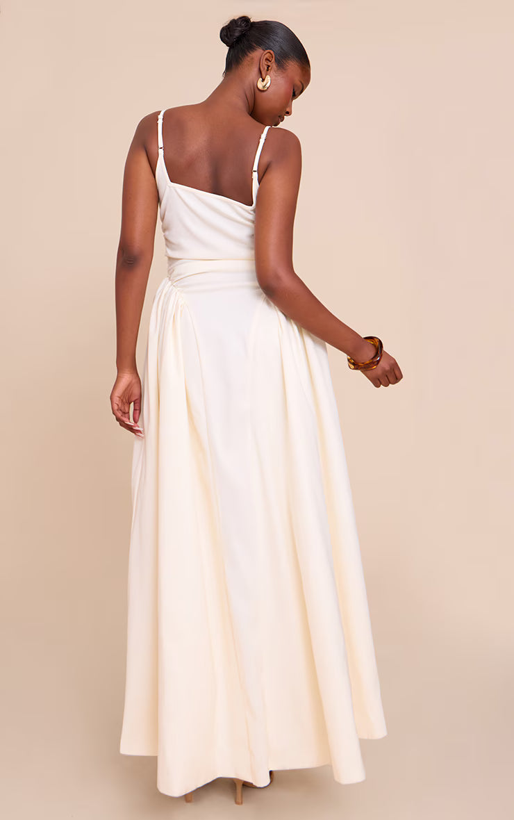Cream Woven Ruched Strappy Midi Dress