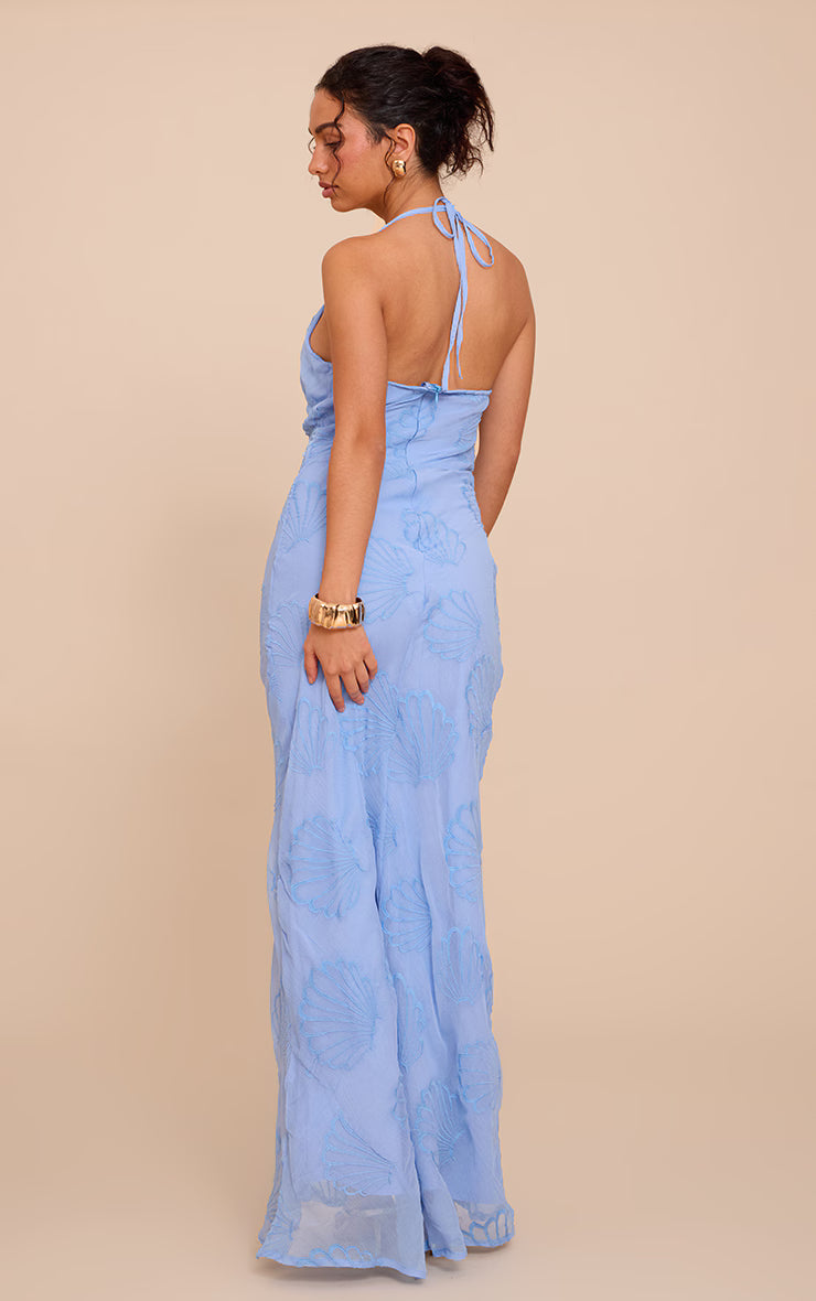 Pale Blue Chiffon Shell Embroidered Cowl Maxi Dress