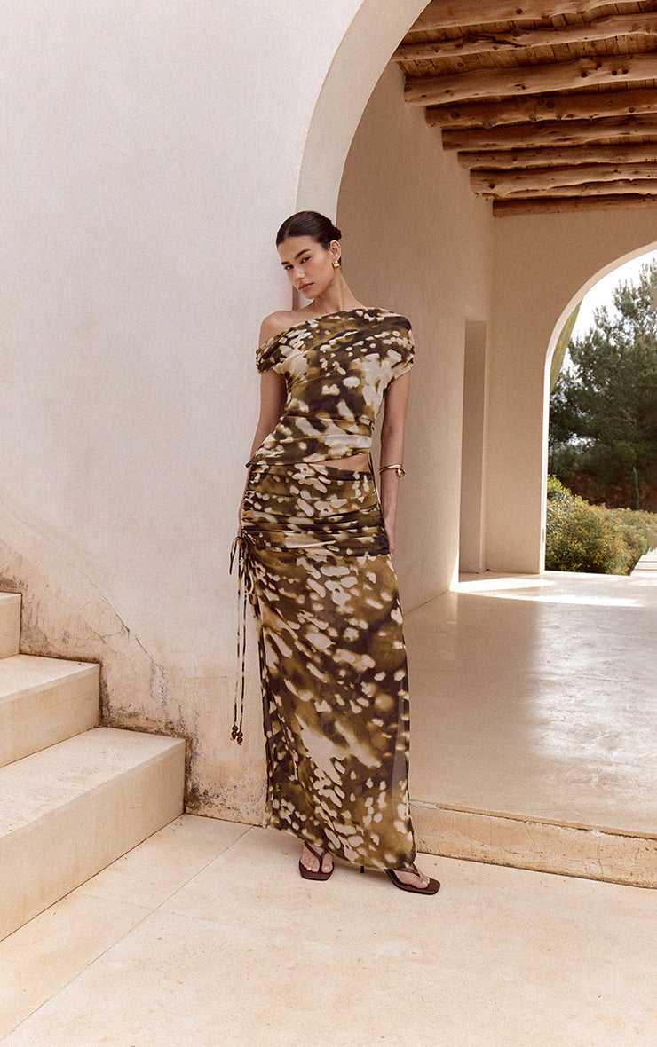 Stone Blurred Abstract Printed Chiffon Ruched Bead Detail Maxi Skirt