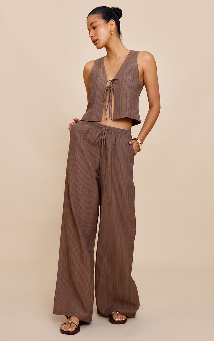 Brown Pinstriped Tie Front Top