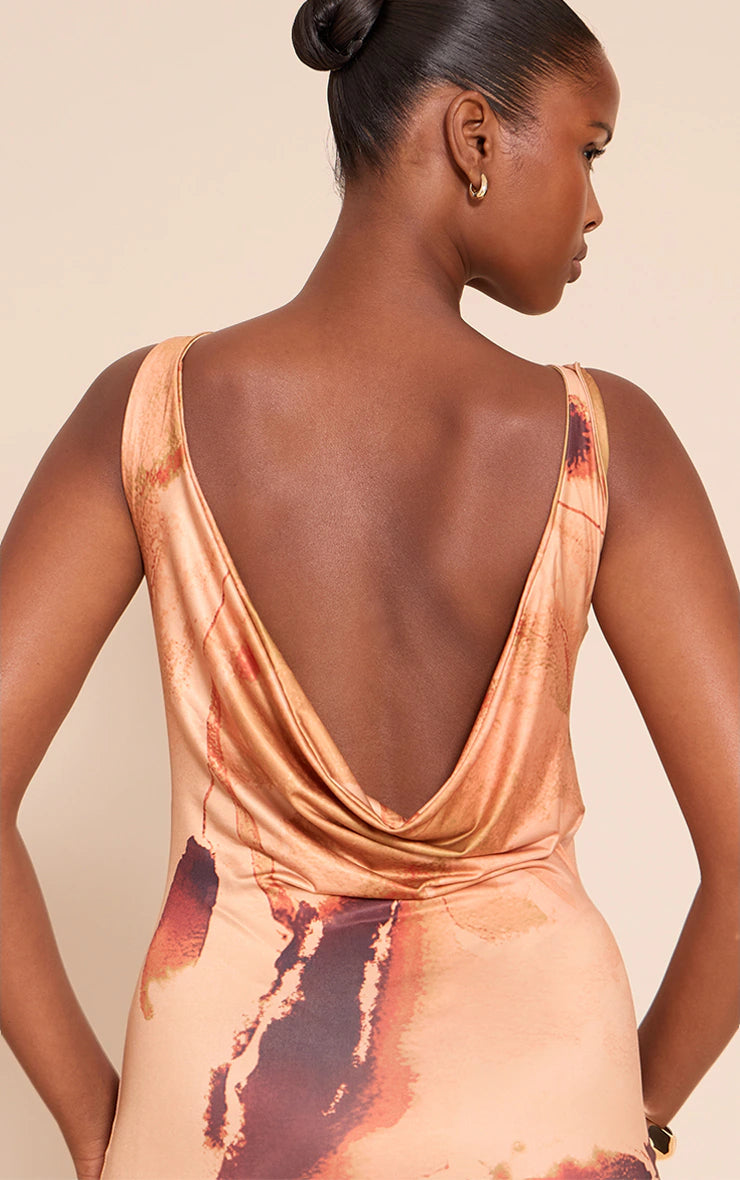 Beige Abstract Print Slinky Acetate Ruched One Shoulder Mini Dress
