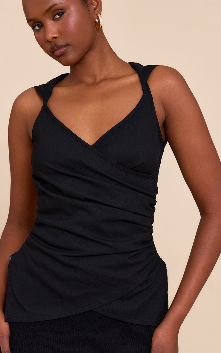 Black Lightweight Woven Ruched Wrap Front Top