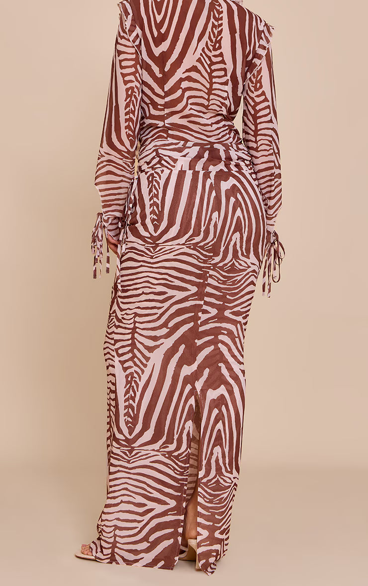 Brown Zebra Print Ruched Chiffon Maxi Skirt