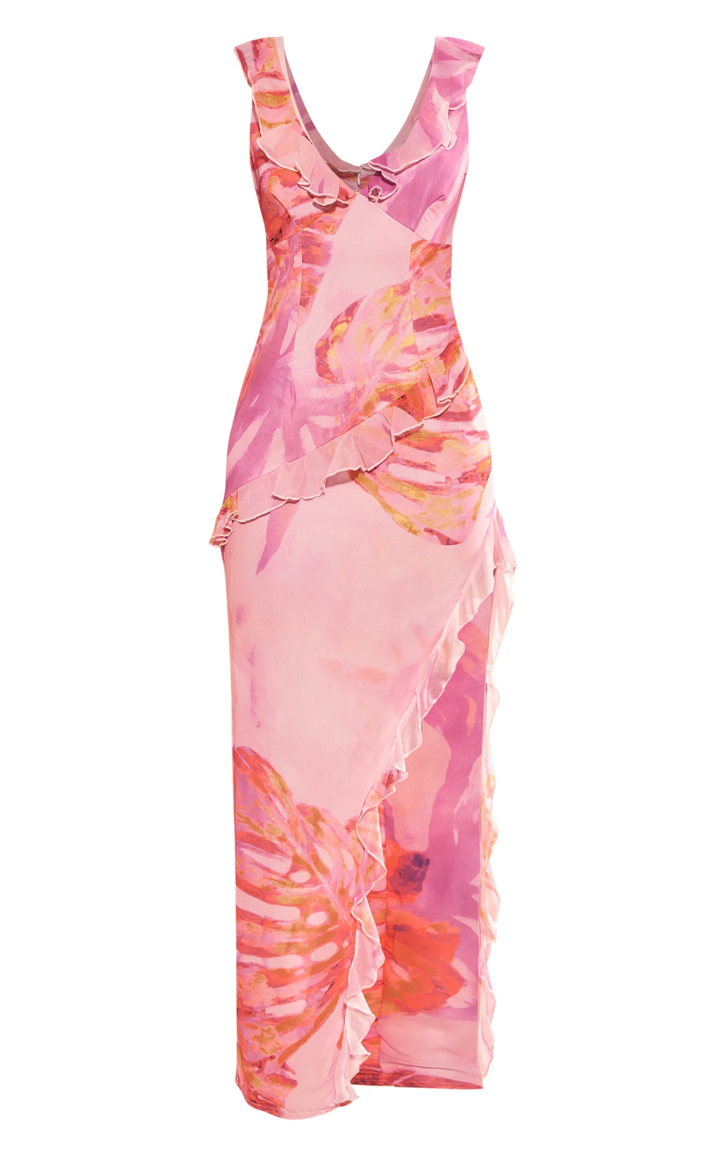 Pink Floral Asymmetric Frill Split Maxi Dress