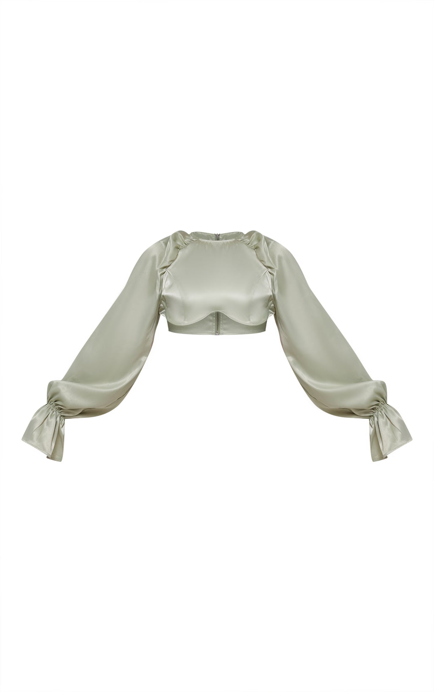 Sage Green Satin Underwired Puff Sleeve Crop Top