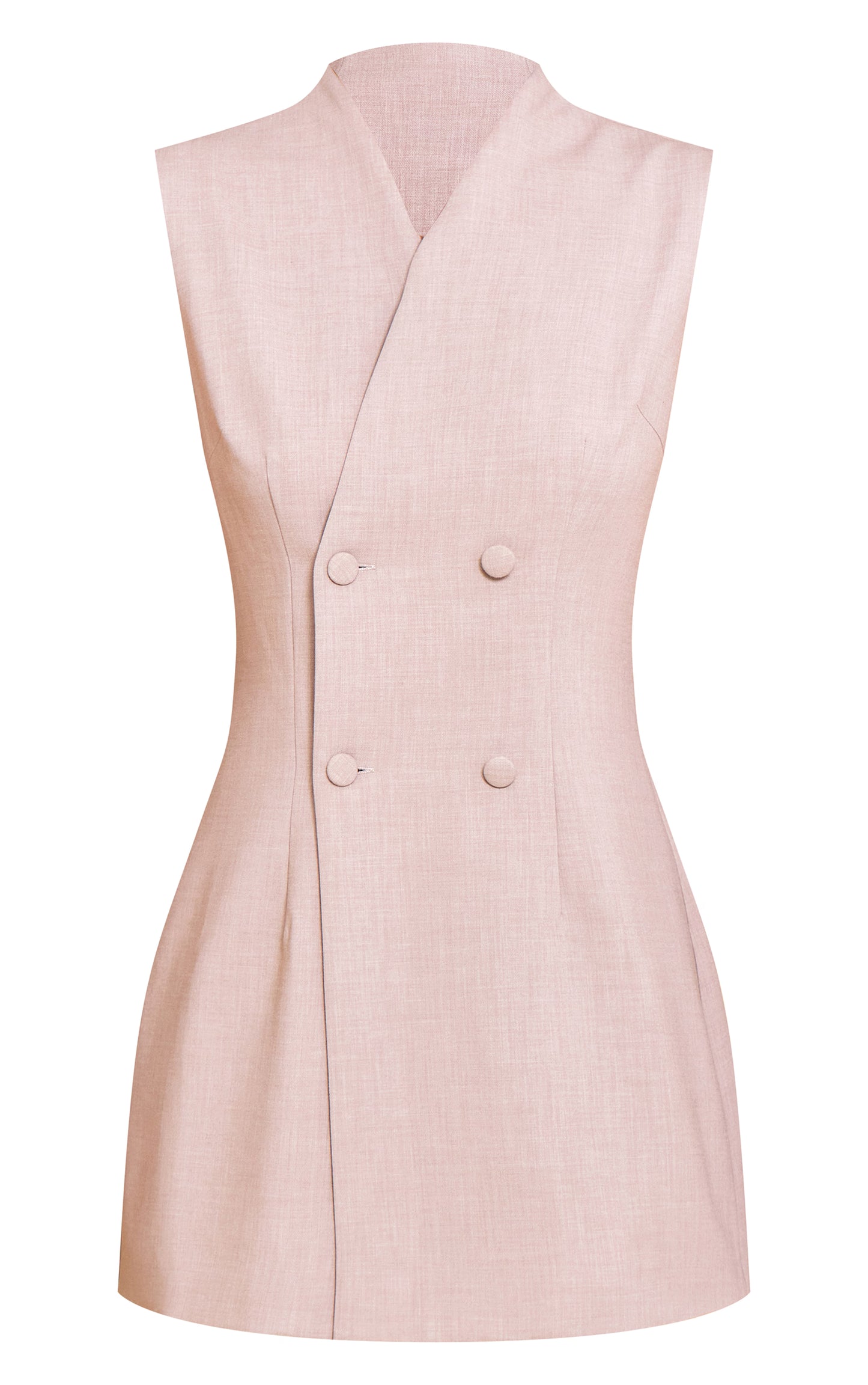 Sand Woven Collarless Button Mini Dress