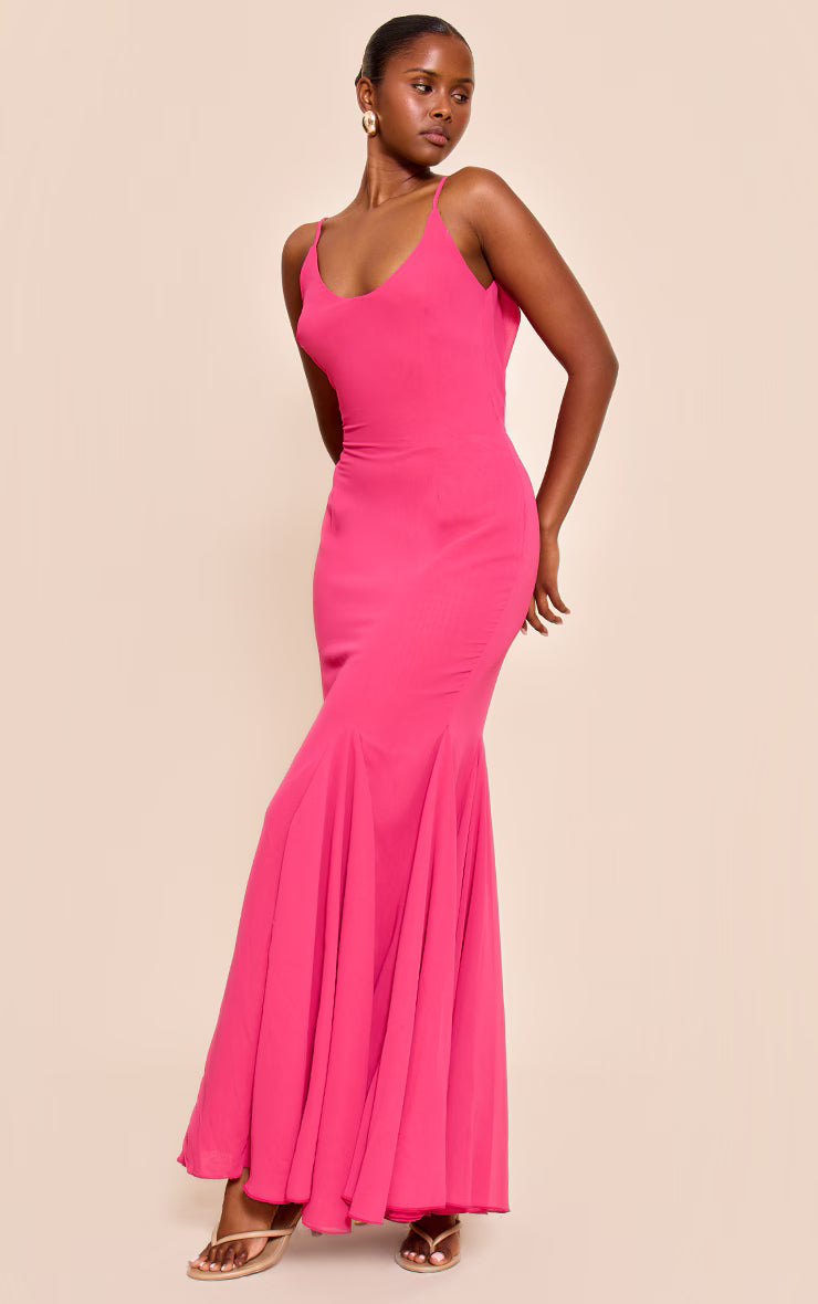 Fuschia Chiffon Scoop Neck Cowl Back Sleeveless Maxi Dress