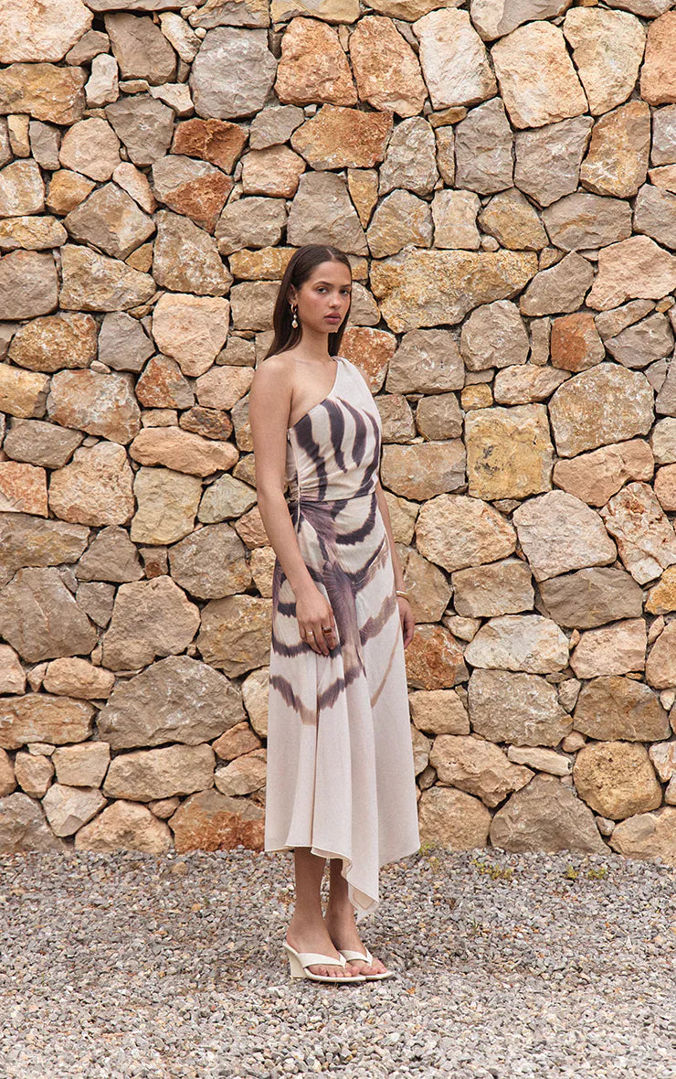 Almond Printed Chiffon One Shoulder Maxi Dress