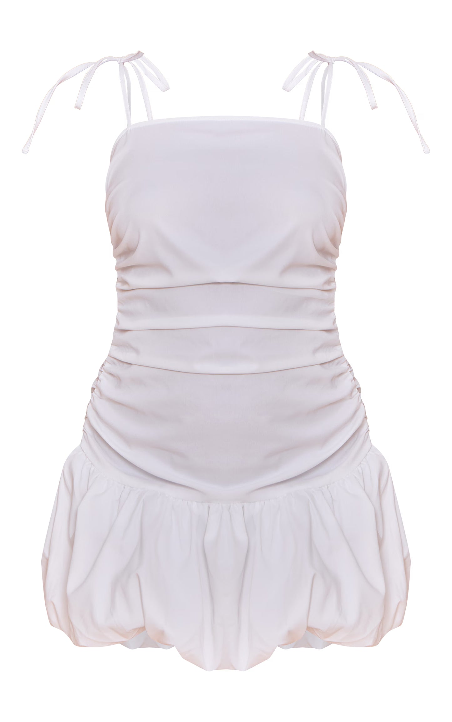 White Ruched Detail Strappy Puffball Dress