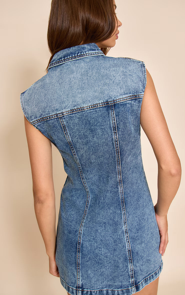 Mid Blue Wash Boxy Shoulder Denim Shirt Dress