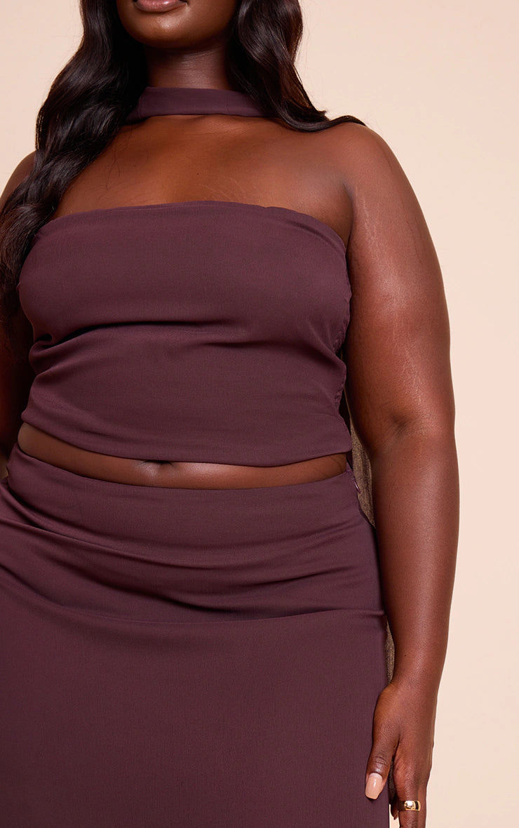 Plus Brown Chiffon Neck Wrap Top