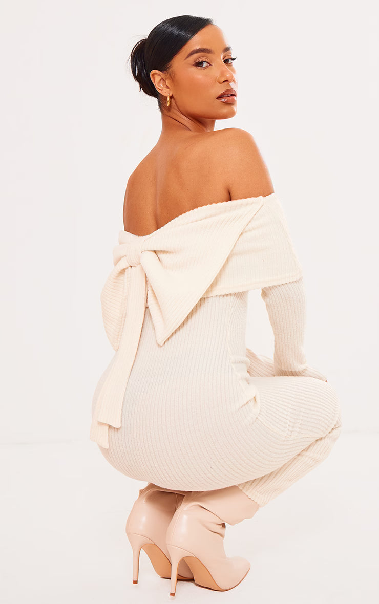 Cream Brush Rib Bow Detail Midi Dress