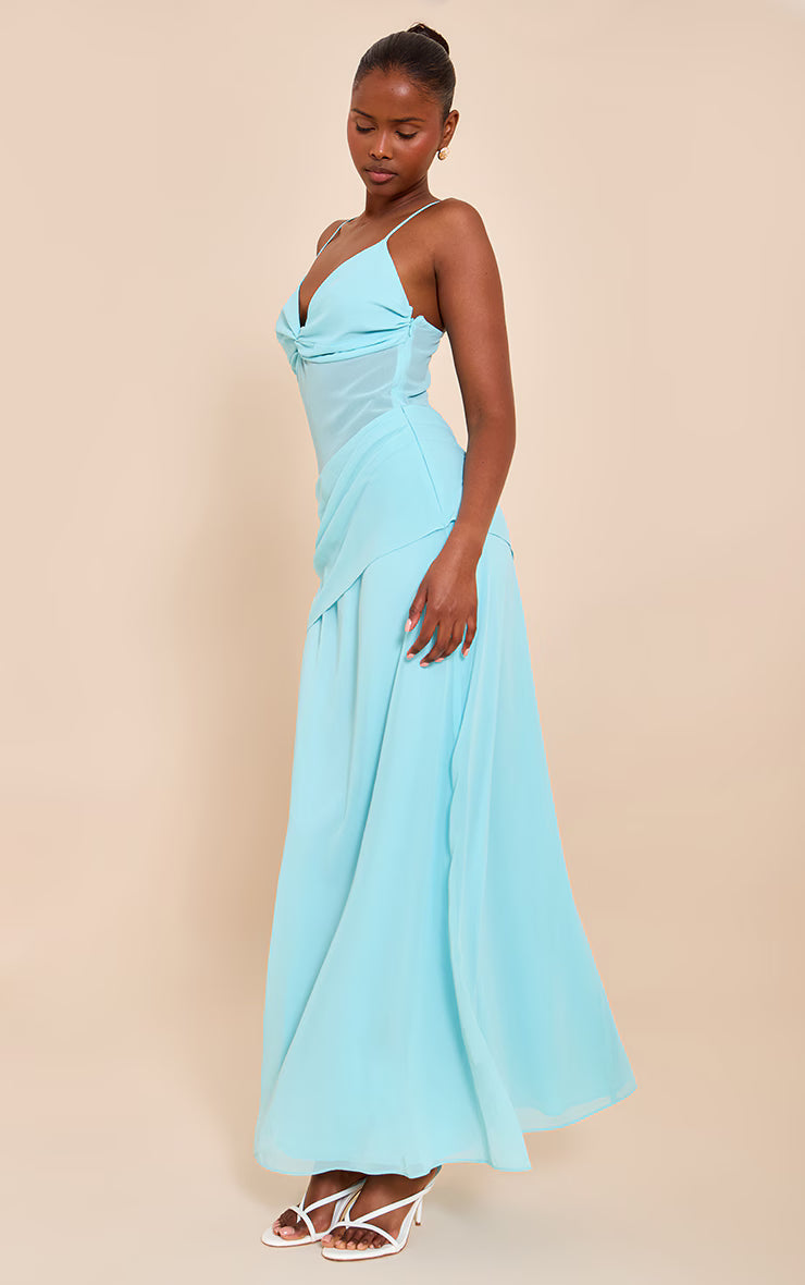 Pale Blue Chiffon Twist Mesh Maxi Dress