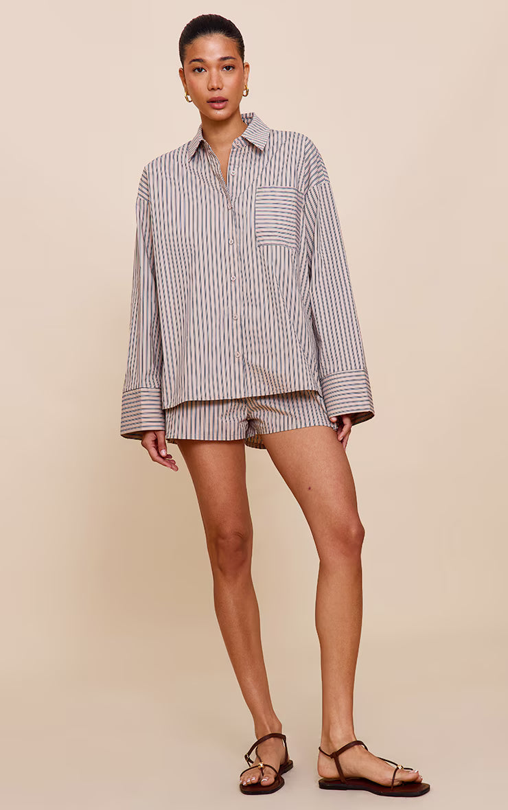 Stone Woven Pinstripe Balloon Sleeve Oversized Shirt