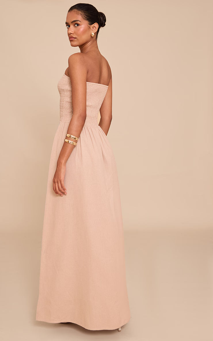 Mushroom Bandeau Shirred Detail Maxi Dress