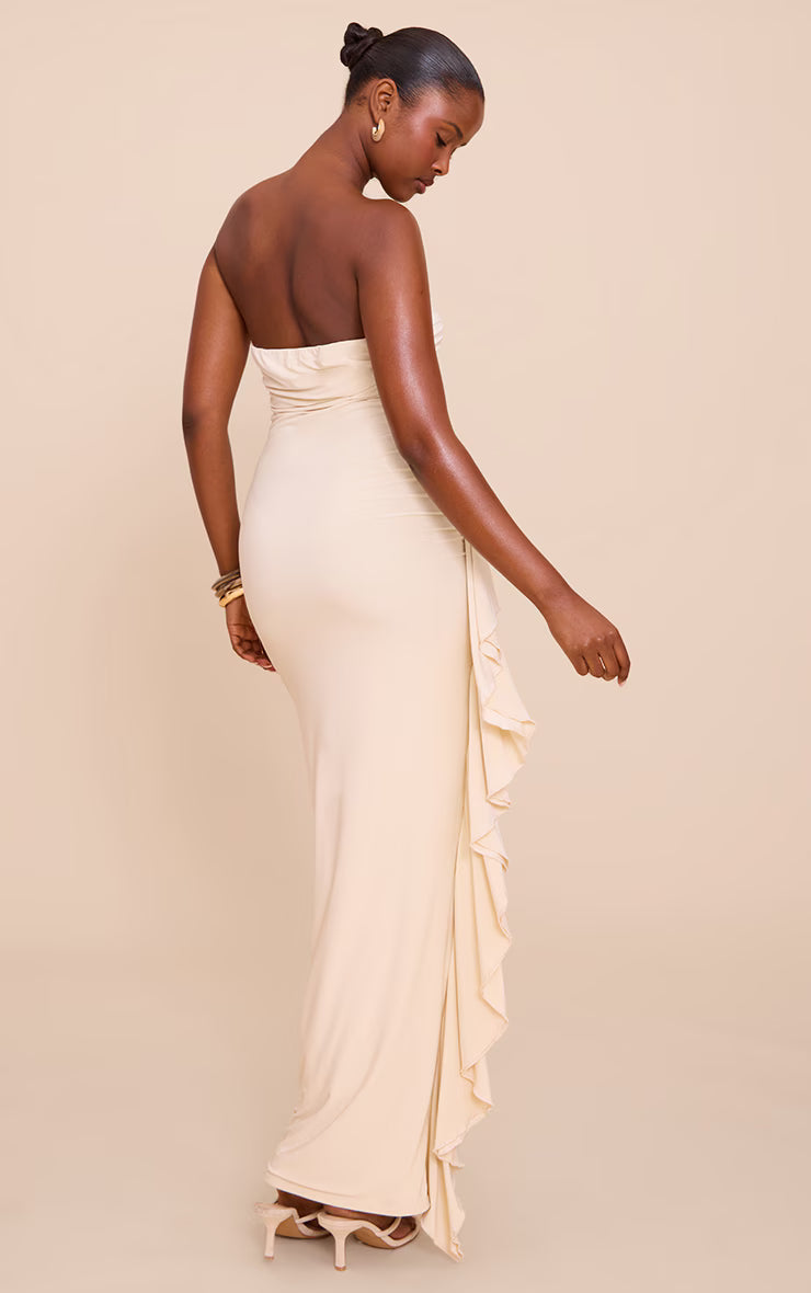 Almond Double Layer Slinky Bandeau Frill Detail Maxi Dress